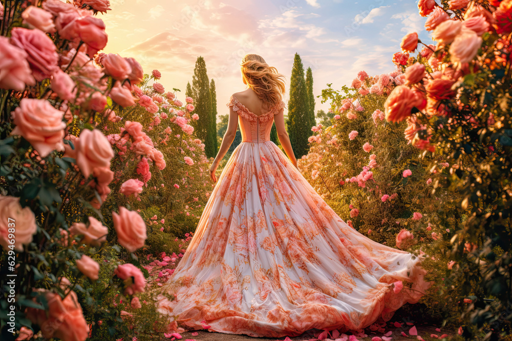 woman in a dress walking in a flower blooming garden