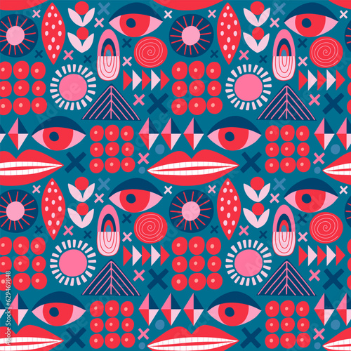 Seamless pattern with various geometric trendy shapes. Vector illustration, geometry graphics and abstract background. Pink and blue colors.
