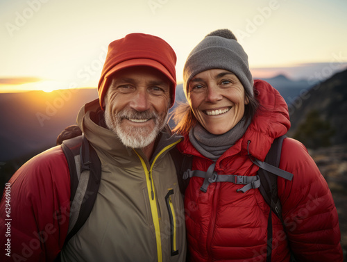 An active middle-aged couple hiking in the mountains wearing beanies, puffer jackets, and backpacks at dawn, smiling. Mountains are in the background and the sun is rising in the horizon.