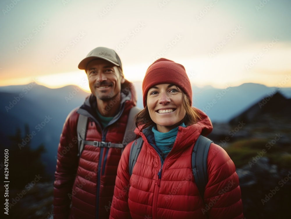 An active middle-aged couple hiking in the mountains wearing beanies, puffer jackets, and backpacks at dawn, smiling. Mountains are in the background and the sun is rising in the horizon. An active middle-aged couple hiking in the mountains wearing beanies, puffer jackets, and backpacks at dawn, smiling. Mountains are in the background and the sun is rising in the horizon.