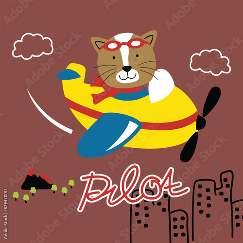 cat the little pilot,funny animal cartoon,vector illustration