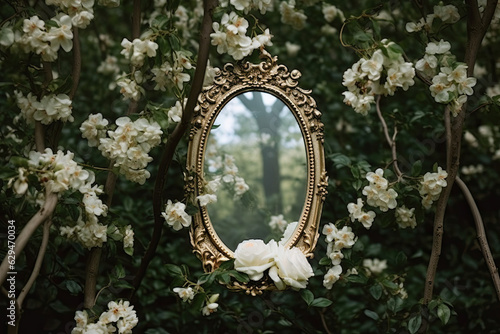Fotografija A vintage-inspired mirror framed with white roses