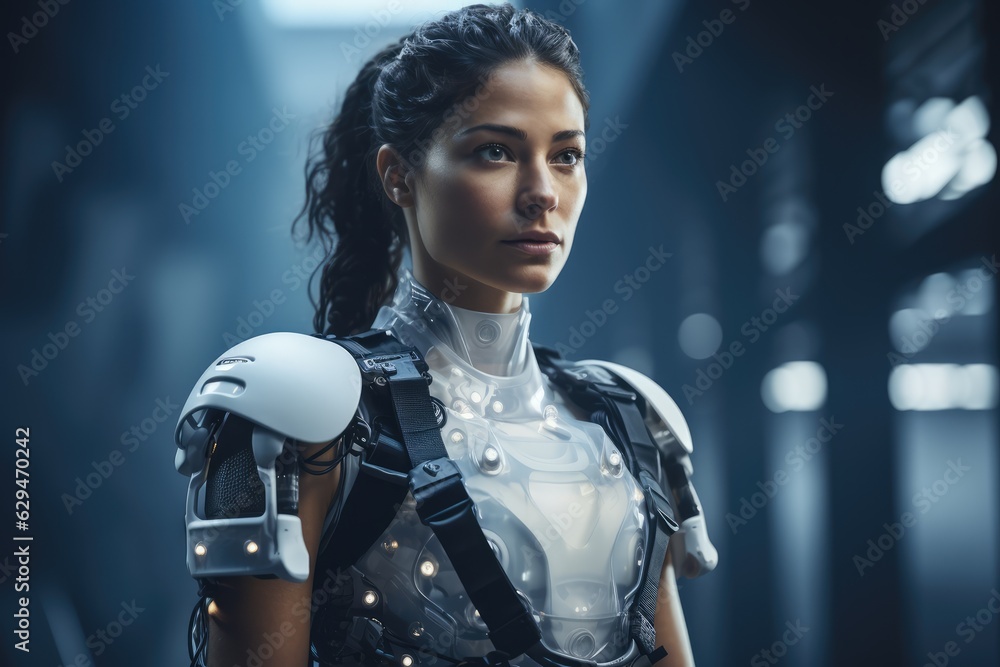 woman wearing a high-tech exoskeleton, demonstrating the future of medical technology and prosthetics - AI Generated woman wearing a high-tech exoskeleton, demonstrating the future of medical technology and prosthetics - AI Generated
