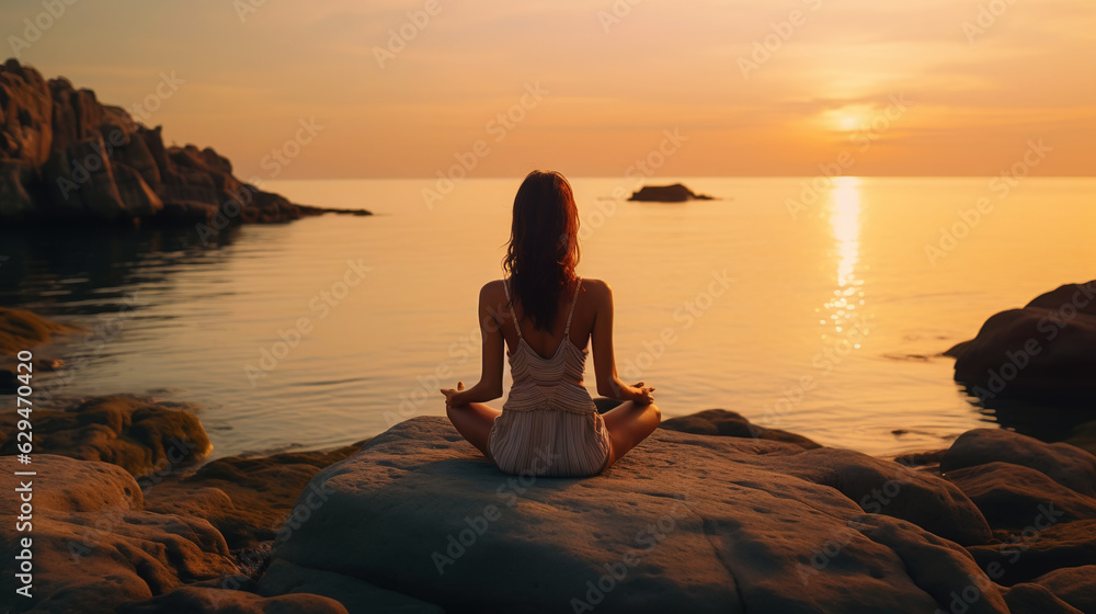 Woman meditating on the sea beach in lotus position. Generative AI Woman meditating on the sea beach in lotus position. Generative AI