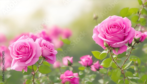 Art Beautiful wild pink rose flowers in Summer morning with copy space