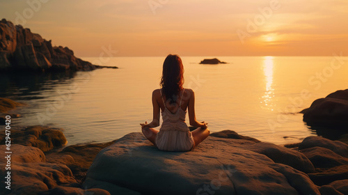 Woman meditating on the sea beach in lotus position. Generative AI © AngrySun