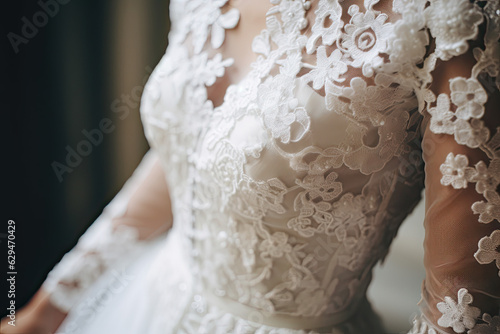 Bride in wedding lace dress, close-up