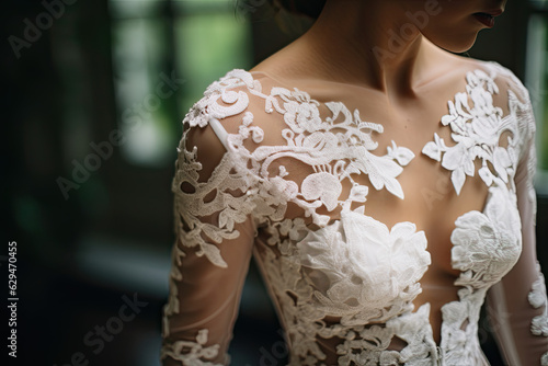 Bride in wedding lace dress, close-up