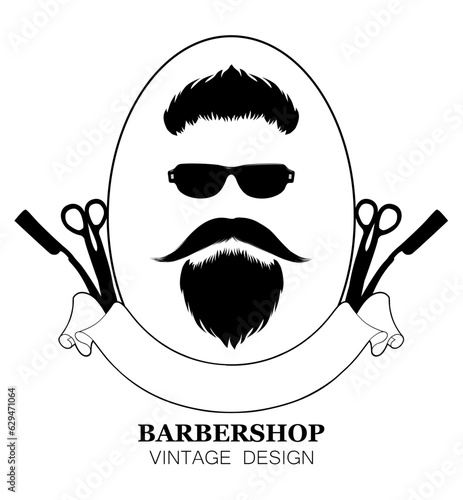 Vintage barber shop logo, label, badge, logo. A gentleman with a beard and moustache. Men's hairstyle, mustache and scissors. Vector illustration