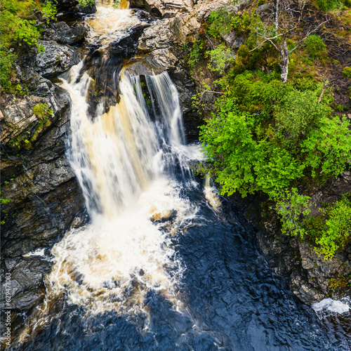 Falls of Falloch from a drone, Waterfall on River Falloch, Crianlarich, Stirling, West Highland, Scotland, UK	 photo