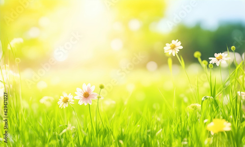 spring meadow with flowers, bright bokeh background