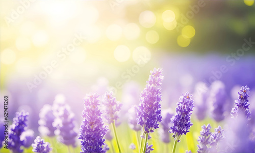 Art Beautiful wild Lavender flowers in Summer morning with copy space