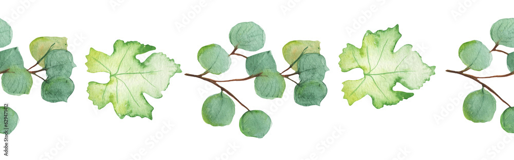 Fototapeta premium Seamless border green leaves trees and branches, foliage of natural branches, green leaves, herbs, tropical plants hand drawn watercolor on white background.