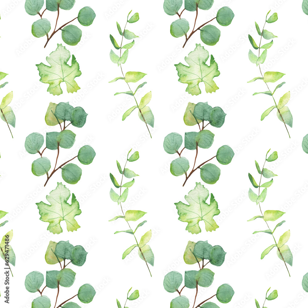 Seamless pattern green leaves trees and branches, foliage of natural branches, green leaves, herbs, tropical plants hand drawn watercolor on white background.