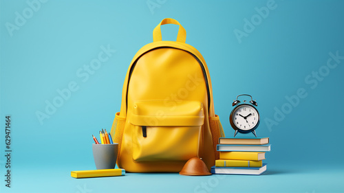 Back to school concept. Yellow backpack with books and school equipment on blue background. Generative AI