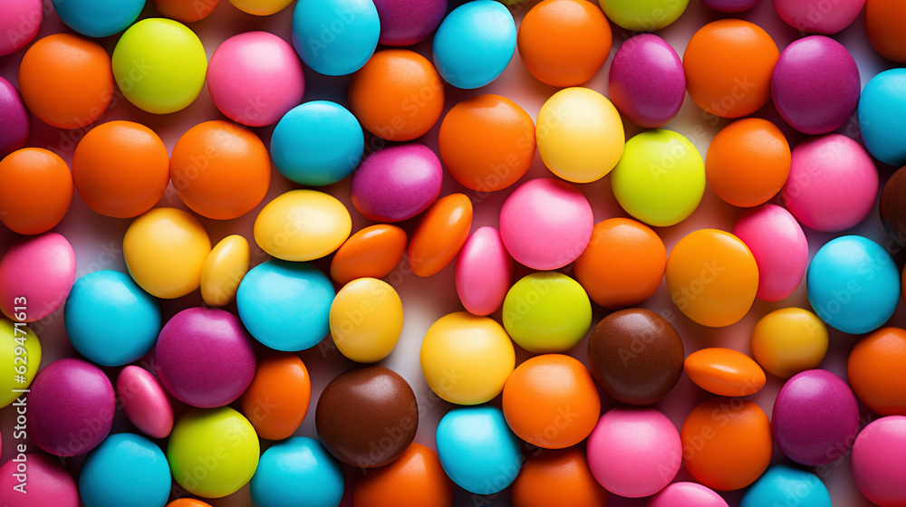Close up of a pile of colorful chocolate coated candies. Candy background. Generative AI Close up of a pile of colorful chocolate coated candies. Candy background. Generative AI