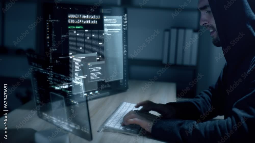 Futuristic cyber hacker operating under the guise of Anonymous, employs ...