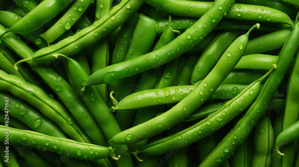 Fresh green beans with water drops background. Vegetables backdrop. Generative AI Fresh green beans with water drops background. Vegetables backdrop. Generative AI