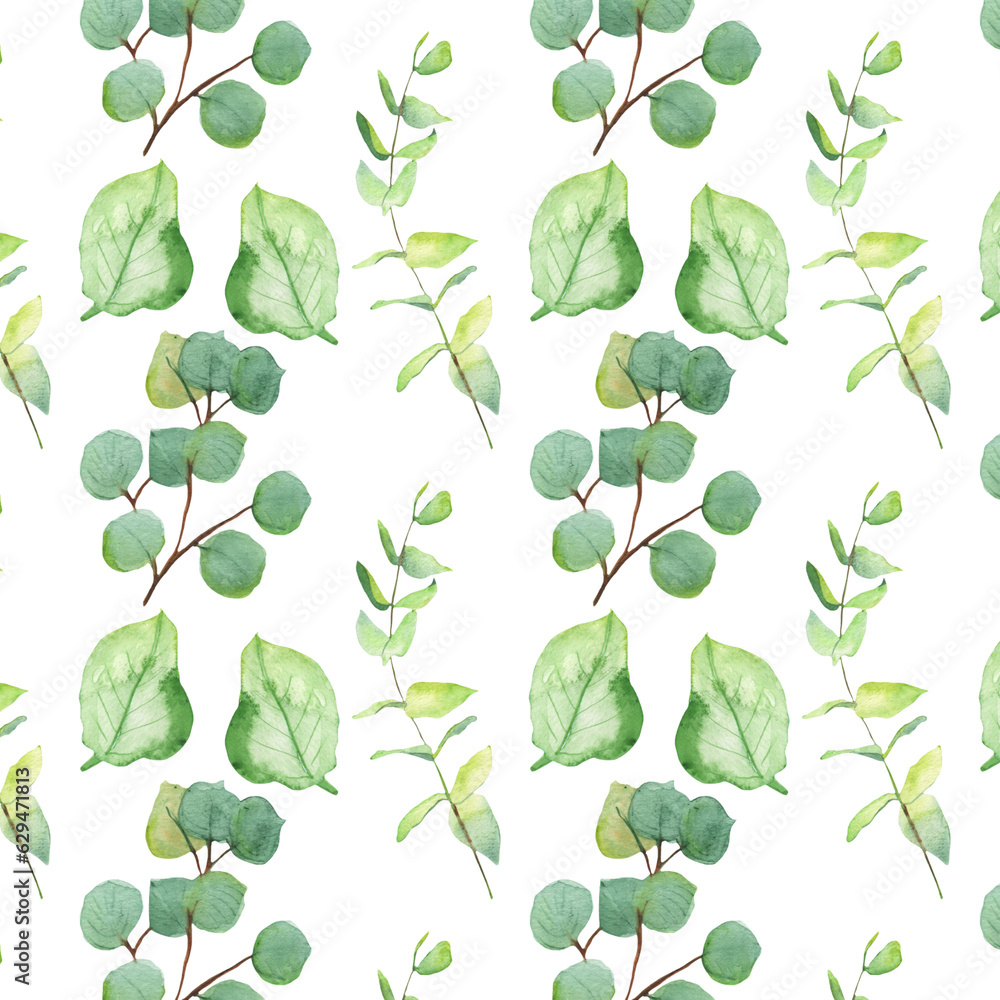Obraz premium Seamless pattern green leaves trees and branches, foliage of natural branches, green leaves, herbs, tropical plants hand drawn watercolor on white background.