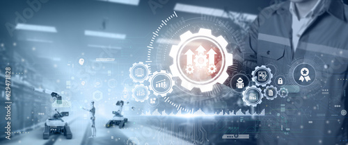 Using automation process to increase productivity. Industrial management in efficiency and efficient process with robotic process automation (RPA). 3D rendering AI robot in factory automation.