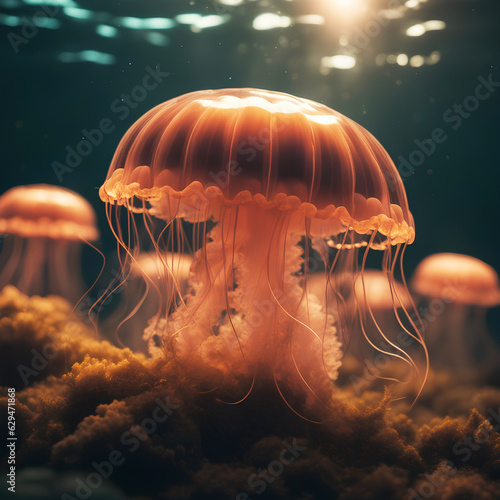 Realistic photo of lowing jellyfish floating underwater