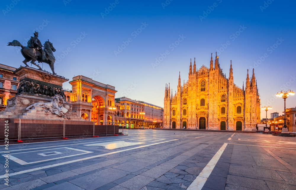 Milan, Italy. Piazza del Duomo illuminated in morning twilight.