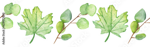 Seamless border green leaves trees and branches, foliage of natural branches, green leaves, herbs, tropical plants hand drawn watercolor on white background.