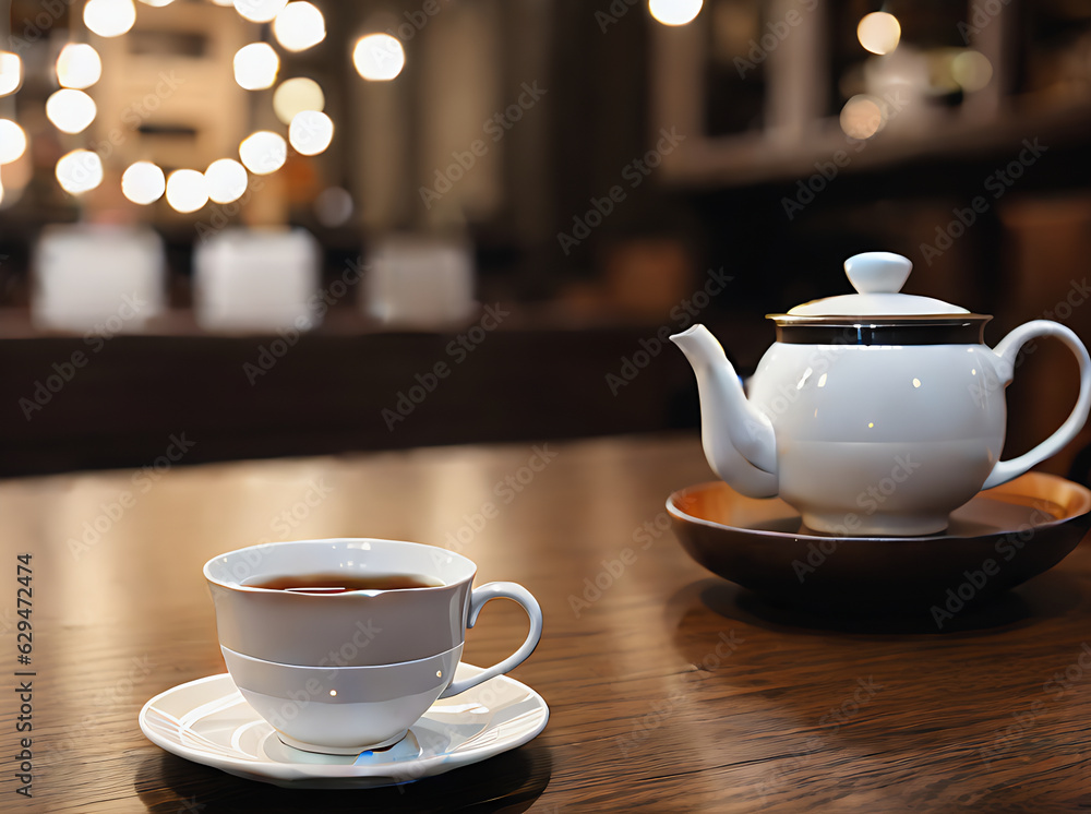 Realistic tea cozy detailed warm neutral restaurant