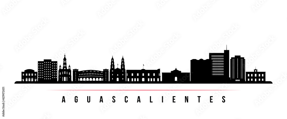 Aguascalientes skyline horizontal banner. Black and white silhouette of Aguascalientes, Mexico. Vector template for your design.