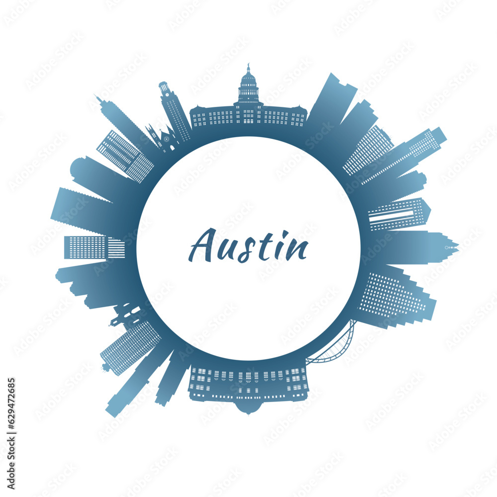 Fototapeta premium Austin skyline with colorful buildings. Circular style. Stock vector illustration.