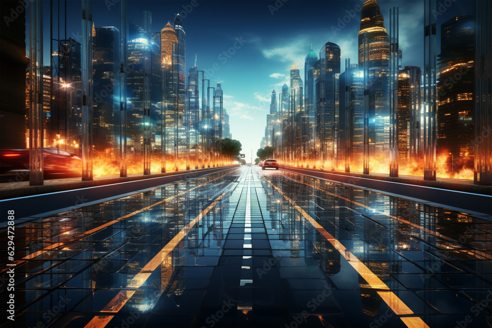 illustration of a highway in the city of the future,at night city of ...