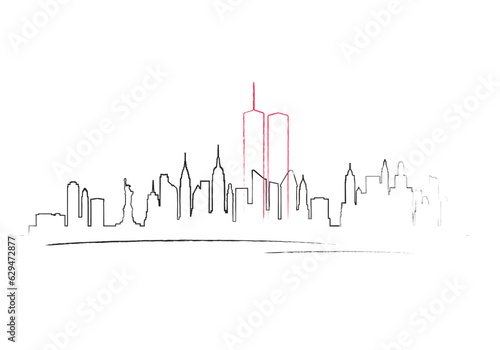 Patriot day in USA. One line drawing New York Skyline. Patriot day banner with Twin Towers in NYC.