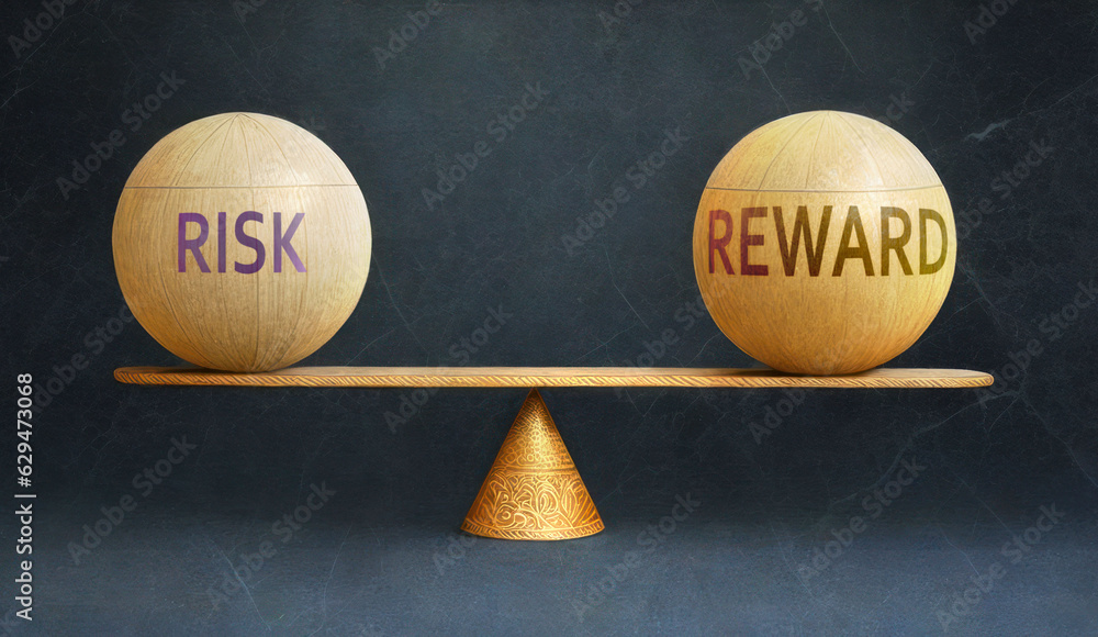 Risk and Reward in balance - a metaphor showing the importance of two opposite aspects of life, Risk and Reward, staying in equilibrium to create a perfect condition, Generative AI,3d illustration Risk and Reward in balance - a metaphor showing the importance of two opposite aspects of life, Risk and Reward, staying in equilibrium to create a perfect condition, Generative AI,3d illustration