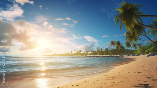Beautiful paradise beach with golden sand and palm leaves. Generative AI