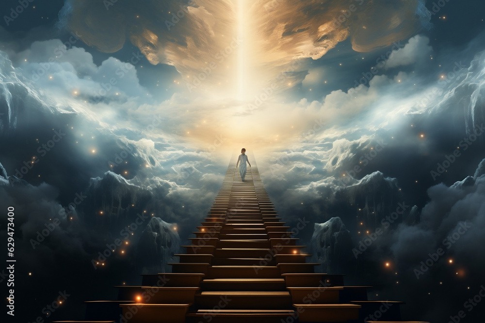 Ascending to Infinity: A Journey up the Stairs to Heaven - obrazy, fototapety, plakaty 