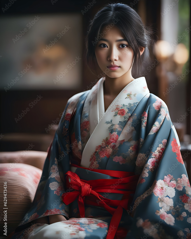 A portrait that expresses the delicate details of a young and neat Japanese woman relaxing in a kimono, created with generation AI. A portrait that expresses the delicate details of a young and neat Japanese woman relaxing in a kimono, created with generation AI.
