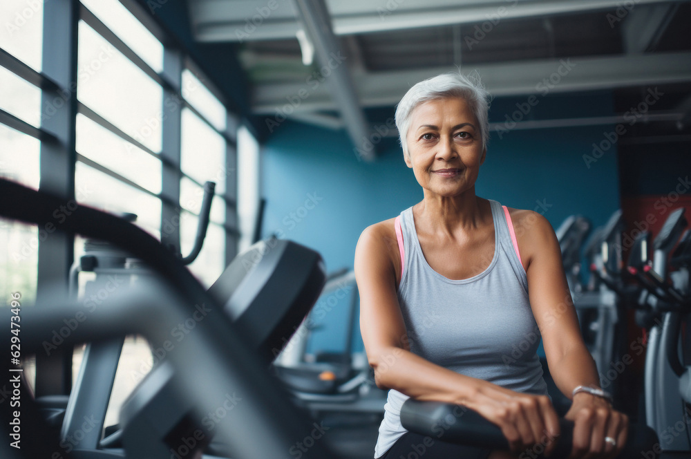 The joy of living. Portrait of an elderly smiling woman at the gym. Fictional Person. Ai generated The joy of living. Portrait of an elderly smiling woman at the gym. Fictional Person. Ai generated
