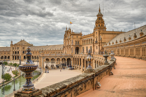 Spanish Square or Plaza de Espana at cloudy day in Seville, Spain