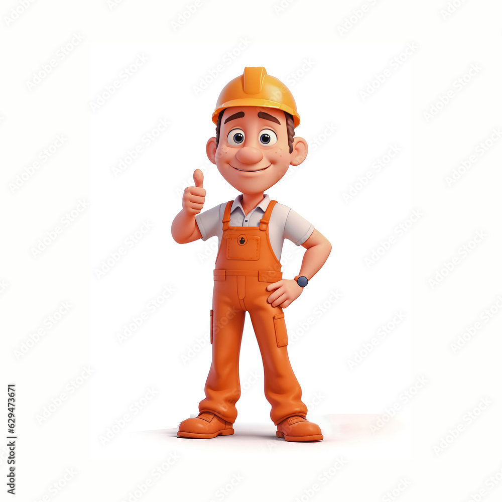 3d cartoon construction worker standing with a thumb up gesture. Isolated on white. Generative AI 3d cartoon construction worker standing with a thumb up gesture. Isolated on white. Generative AI