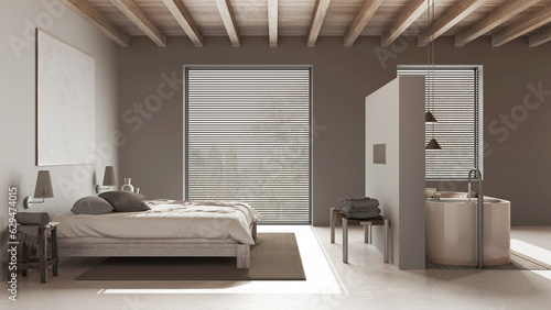 Spa  hotel suite. Bedroom and bathroom in white tones. Bleached wooden ceiling  double bed and freestanding bathtub. Resin floor  japandi interior design