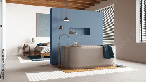 Wooden bedroom and bathroom in white and blue tones with resin floor. Double bed, windows and freestanding bathtub. Minimalist interior design