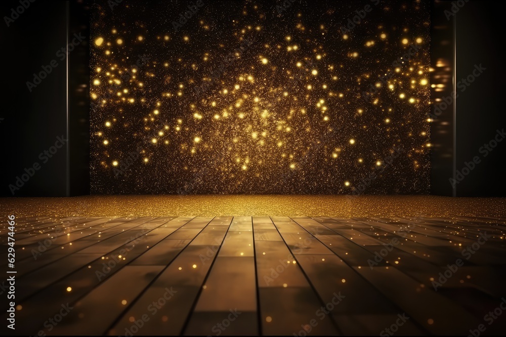 Wooden board display with gold glittering dust, bokeh lights. Holiday background. Wooden board display with gold glittering dust, bokeh lights. Holiday background.