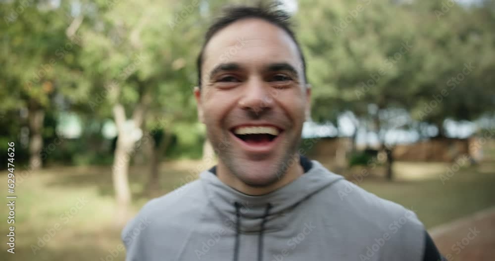 Hands, fitness and face of a man in a park for greeting, help and hello while running. Happy, speaking and athlete with support for a person, handshake or conversation during a workout in nature Hands, fitness and face of a man in a park for greeting, help and hello while running. Happy, speaking and athlete with support for a person, handshake or conversation during a workout in nature