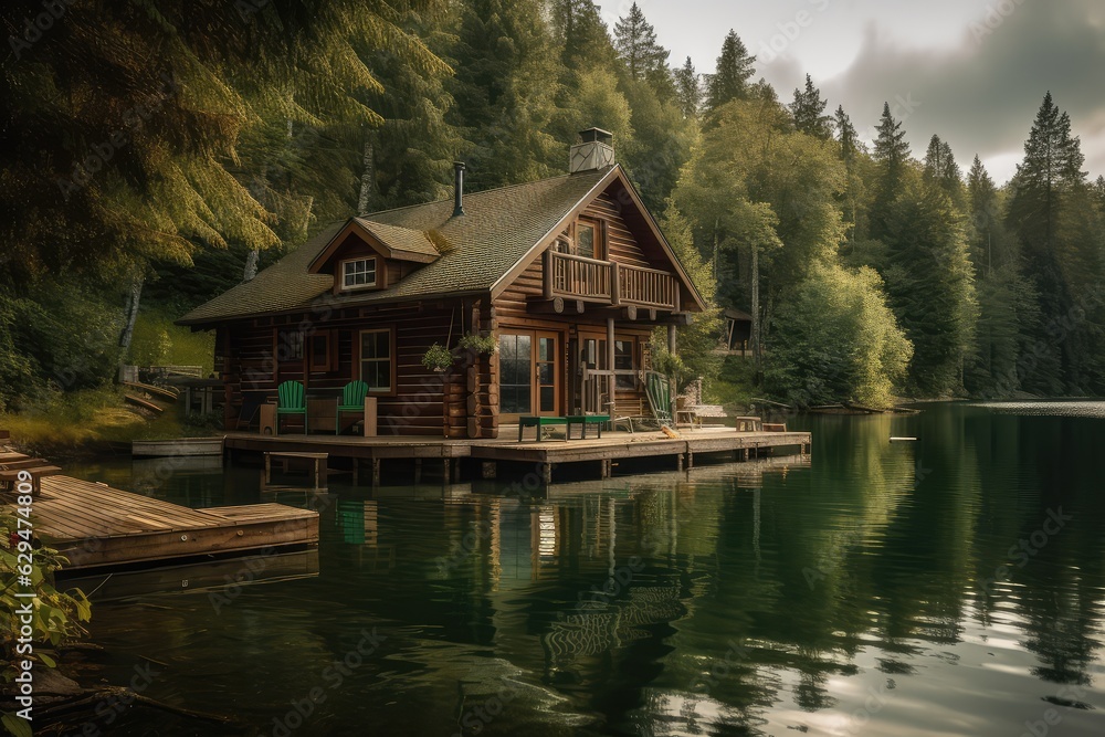 House on the lake. Lush green nature. Relaxation and vacation concept. 