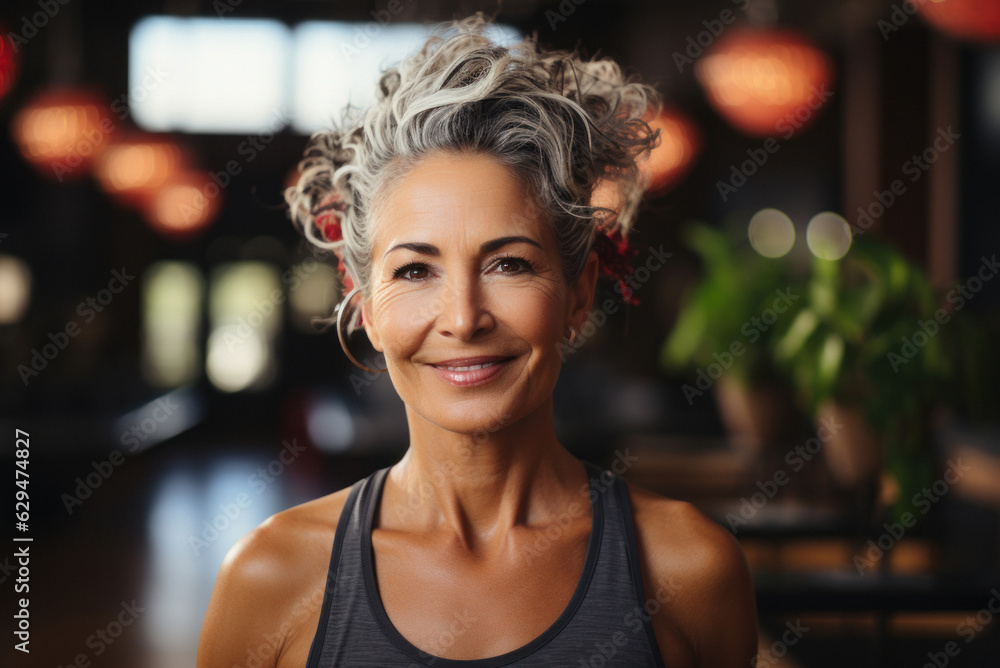 Portrait of an elderly woman in the background of a modern gym. The joy of life emanates from her. Fictitious person, Ai generated. Portrait of an elderly woman in the background of a modern gym. The joy of life emanates from her. Fictitious person, Ai generated.
