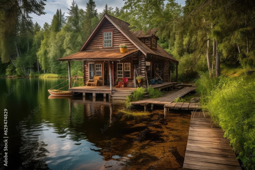 Cottage on the lake. Lush green nature. Relaxation and vacation concept. 