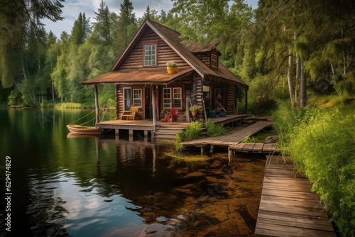 Cottage on the lake. Lush green nature. Relaxation and vacation concept. 