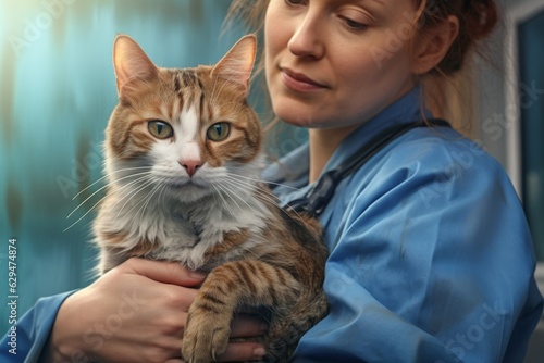 Unrecognizable professional veterinarian vet clinic professional doctor nurse medical veterinary worker girl female woman hold happy cute adorable healthy safe cat pet medical service clinic hospital