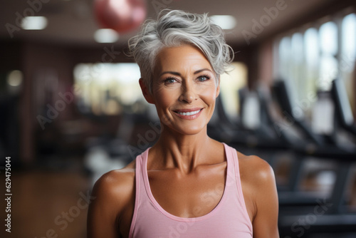 Portrait of middle aged woman in glasses in the background of a modern gym. The joy of life emanates from her. Fictitious person  Ai generated.