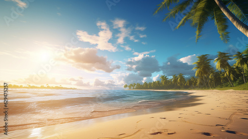 Beautiful paradise beach with golden sand and palm leaves. Generative AI © Sewupari Studio